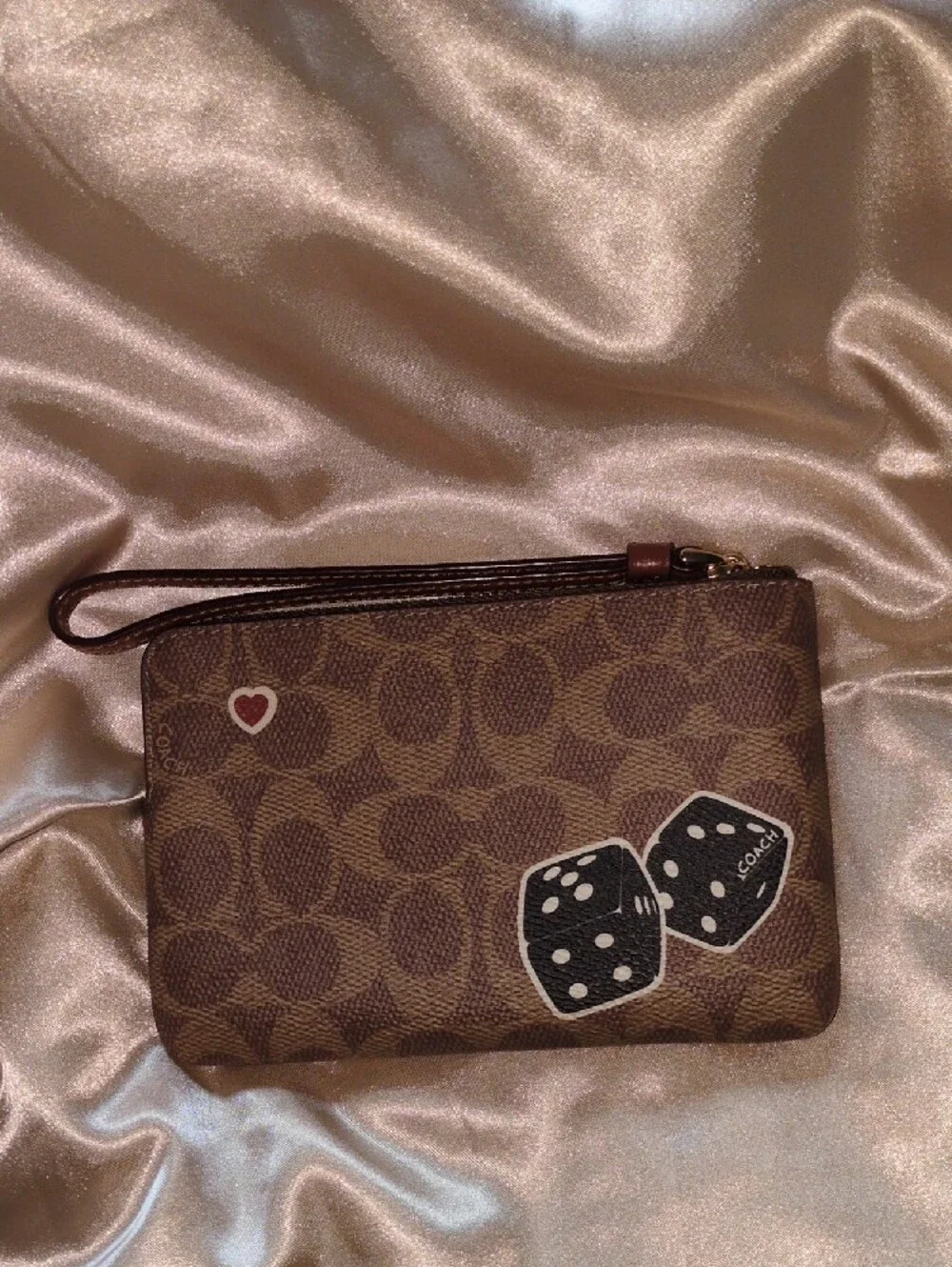 Coach Brown Signature Wristlet Pouch with Green Dino and Red Strawberry